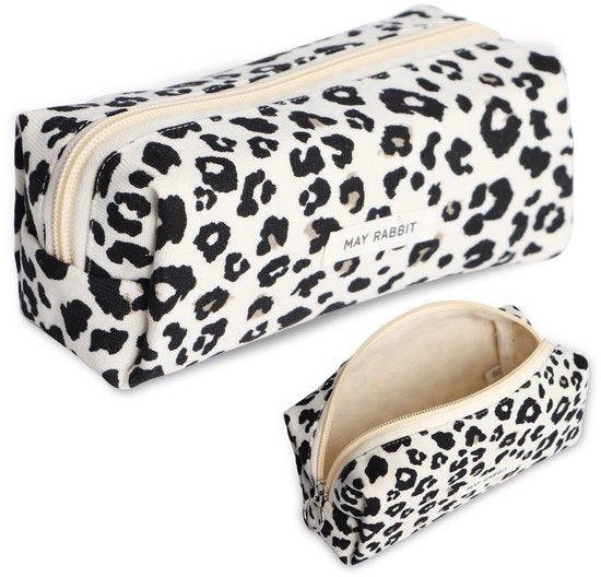 Etui per ragazze e adolescenti in corduroy, organizzatore per attrezzature da ufficio, grande capacità di stoccaggio, etui per scuola e ufficio (disegno di leopardo bianco)