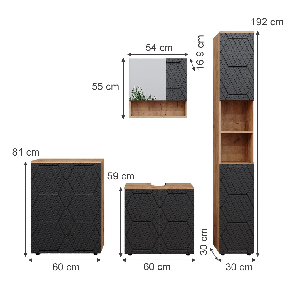 Vicco Set mobili bagno Antracite con struttura a nido d'ape 4 pezzi, con colonna e cassettiera