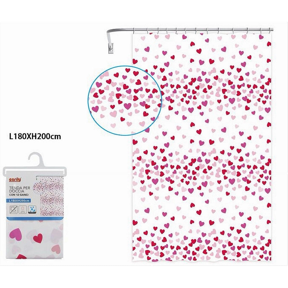 Trade Shop - Tenda Doccia Vasca Bagno 12 Ganci Impermeabile Cuori Rossi Rosa 180x200 Cm 87561 -
