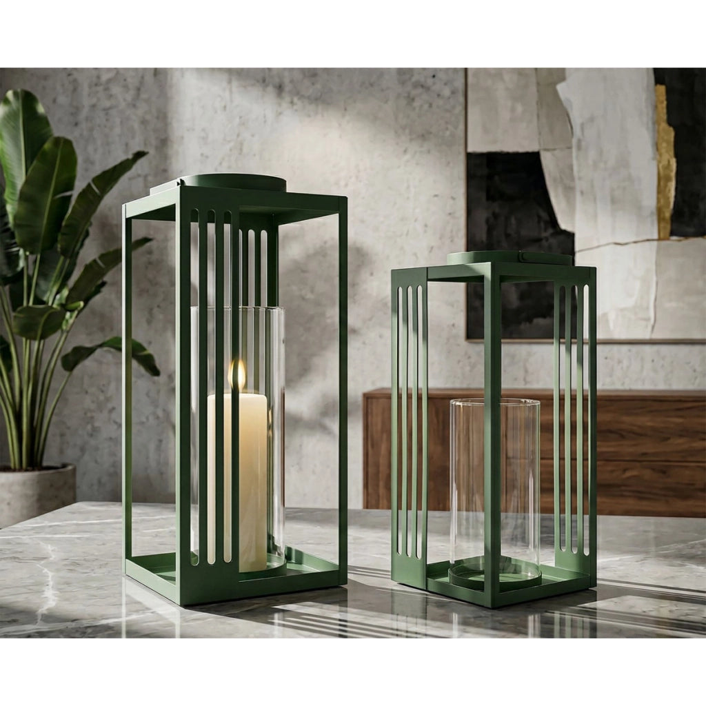 Set di due lanterne geometriche in metallo e vetro temperato