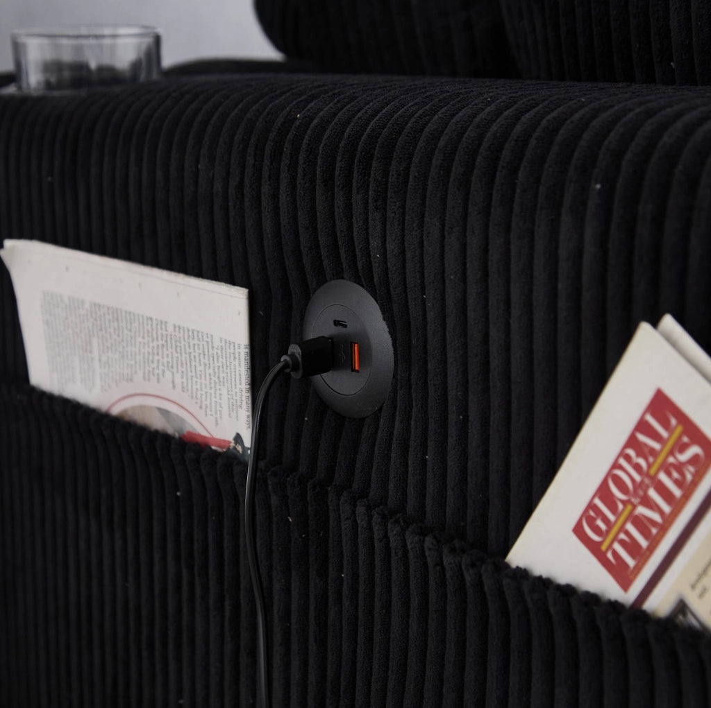 Divano modulare 2 posti in velluto a coste nero con USB
