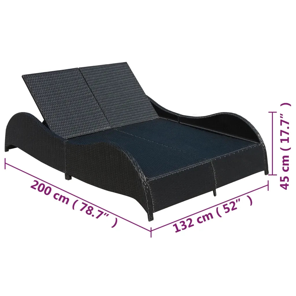 Lettino Prendisole Doppio con Cuscino in Polyrattan Nero 41977