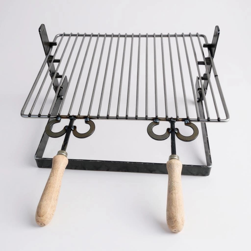 Griglia in ferro regolabile su più altezze, bistecchiera con manici in legno, per barbecue e camino per carne pesce verdure 50x36cm