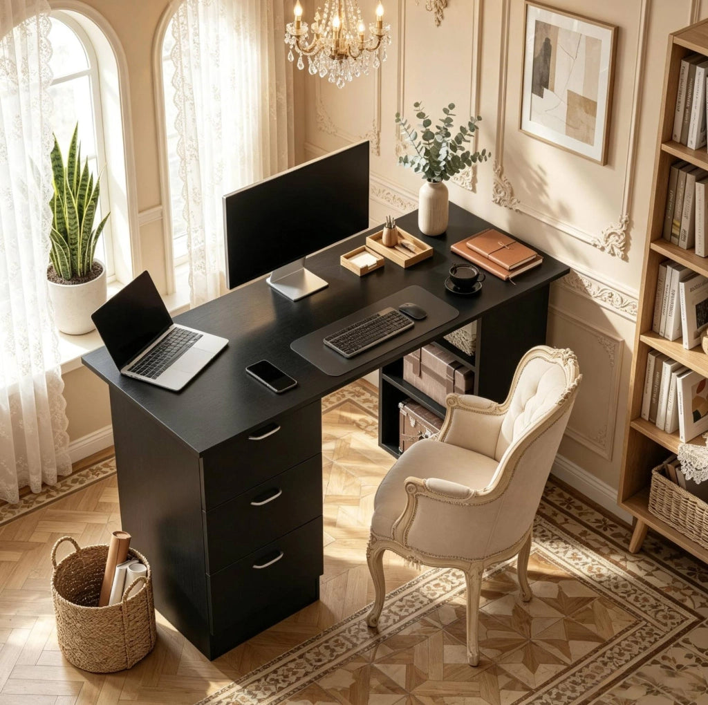 Scrivania per computer in MDF nero con 3 ripiani e 3 cassetti, 120x49x72 cm