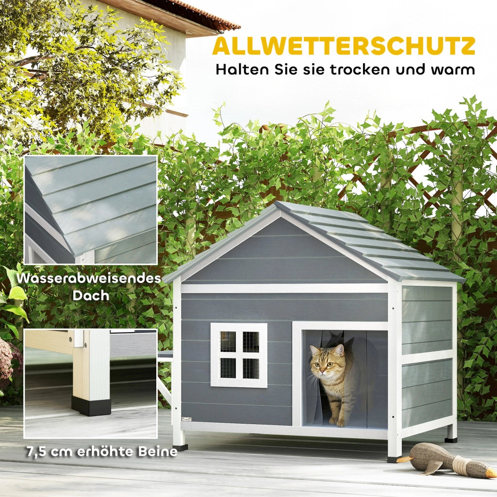 Casetta per Gatti 2 Piani Legno con Tetto Aperto e Piattaforma ¨C zephmum ¨C 101x72,5x81cm Grigio