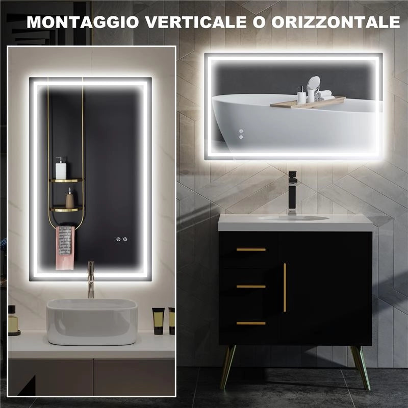 SPECCHIO PER BAGNO CON LUCI LED REGOLABILI A 3 COLORI E STRATO ANTIURTO IN VETRO E METALLO 100X3X60 CM