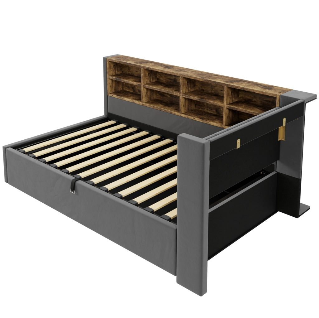 Letto imbottito 90x200 cm; testiera multifunzione con luce e porte USB e Type C; velluto; grigio
