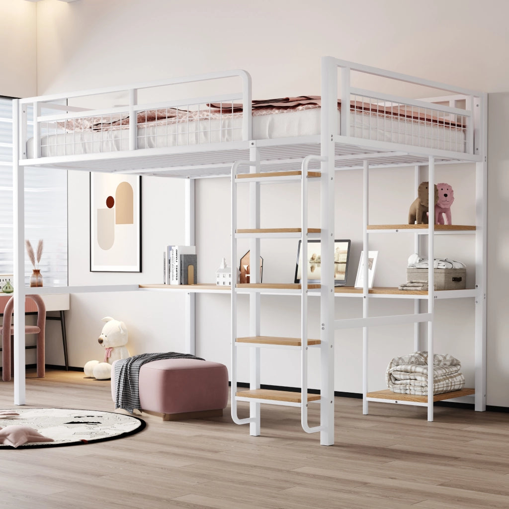 Letto a castello metallo bianco con scala di sicurezza tavolo e scaffali 140x200 cm