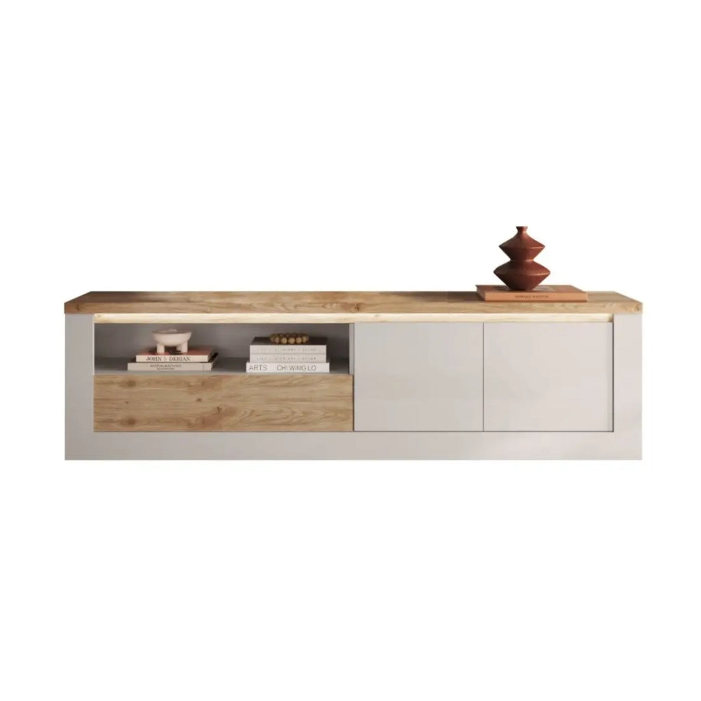Mobile TV SASHA – 2 ante, 1 cassetto e 1 nicchia aperta con LED – Bianco lucido e rovere Cadiz