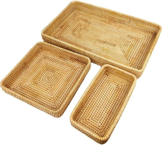 Scatola per oggetti rettangolare in rattan - Organizzatore per oggetti in rete a mano - Tavolo organizzatore - Cassa per snack - Scatola multifunzione per oggetti - Set da 3 pezzi