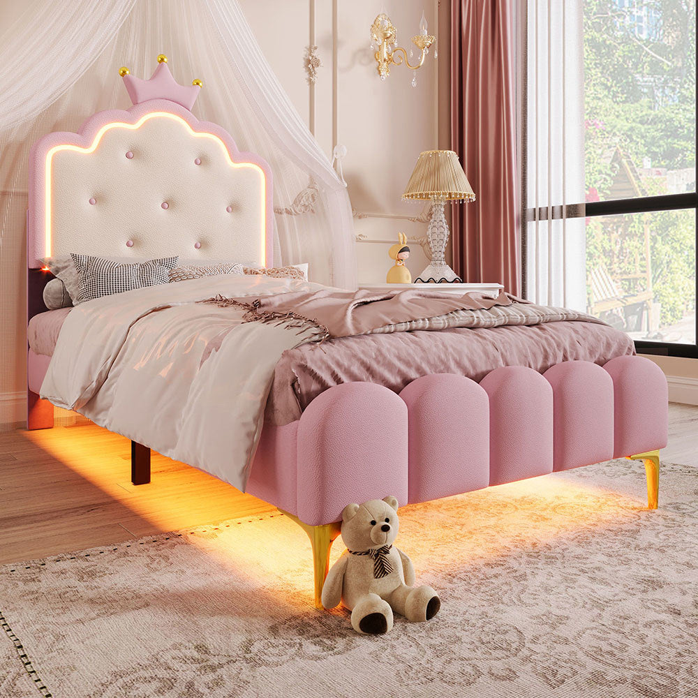 Letto imbottito principessa - Xylo - 90x200 cm - Rosa - Luci ambientali telecomando