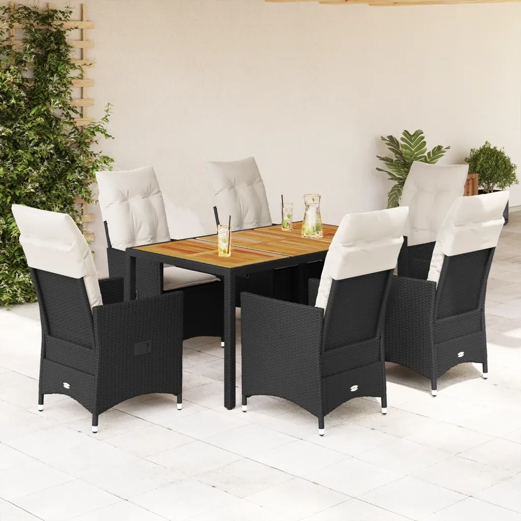 Set da Pranzo da Giardino 7 pz Nero con Cuscini in Polyrattan 3276684