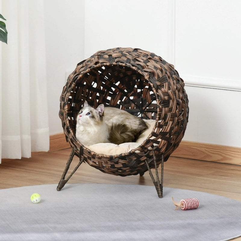 Cuccia per gatti in rattan PE con cuscino, base rialzata, marrone, 54 x 46 x 59 cm