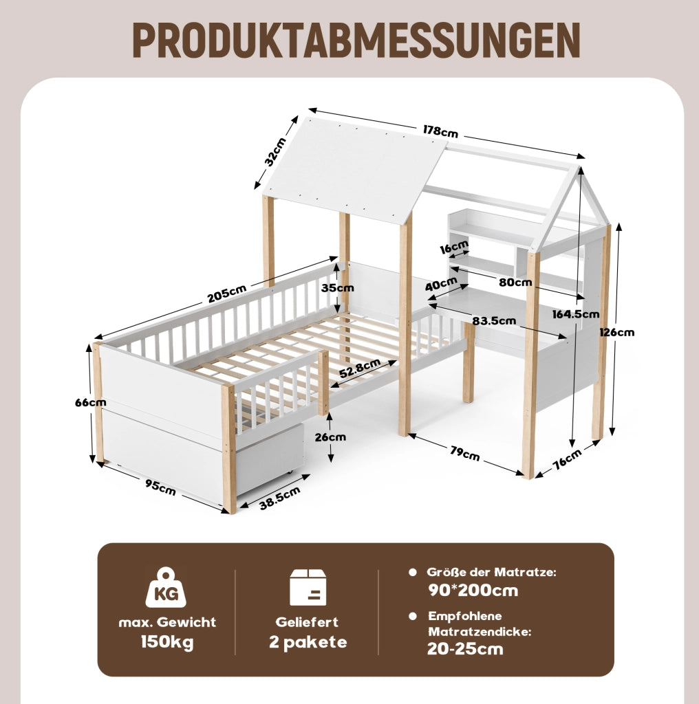 Letto a casetta per bambini 90x200 cm con scrivania e scaffale