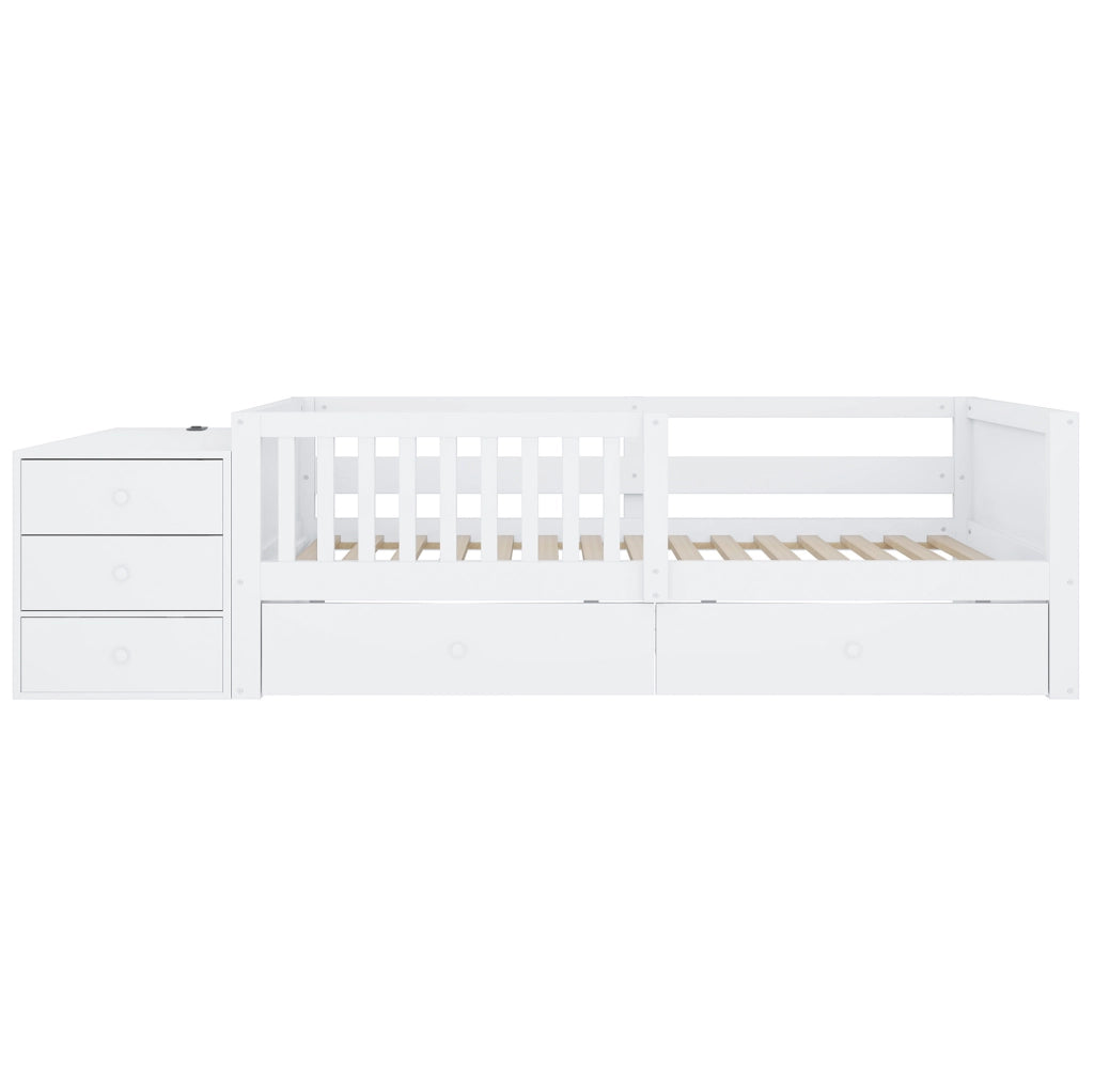 Letto a soppalco per bambini 90x200 cm con contenitore separato, prese elettriche, LED e cassetti, bianco