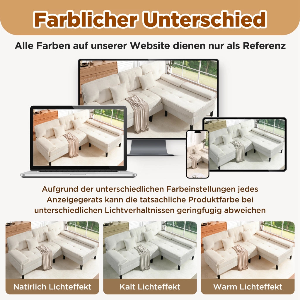 Divano angolare modulare in ciniglia con chaise longue, pouf mobile e cuscini, per piccoli appartamenti, beige chiaro