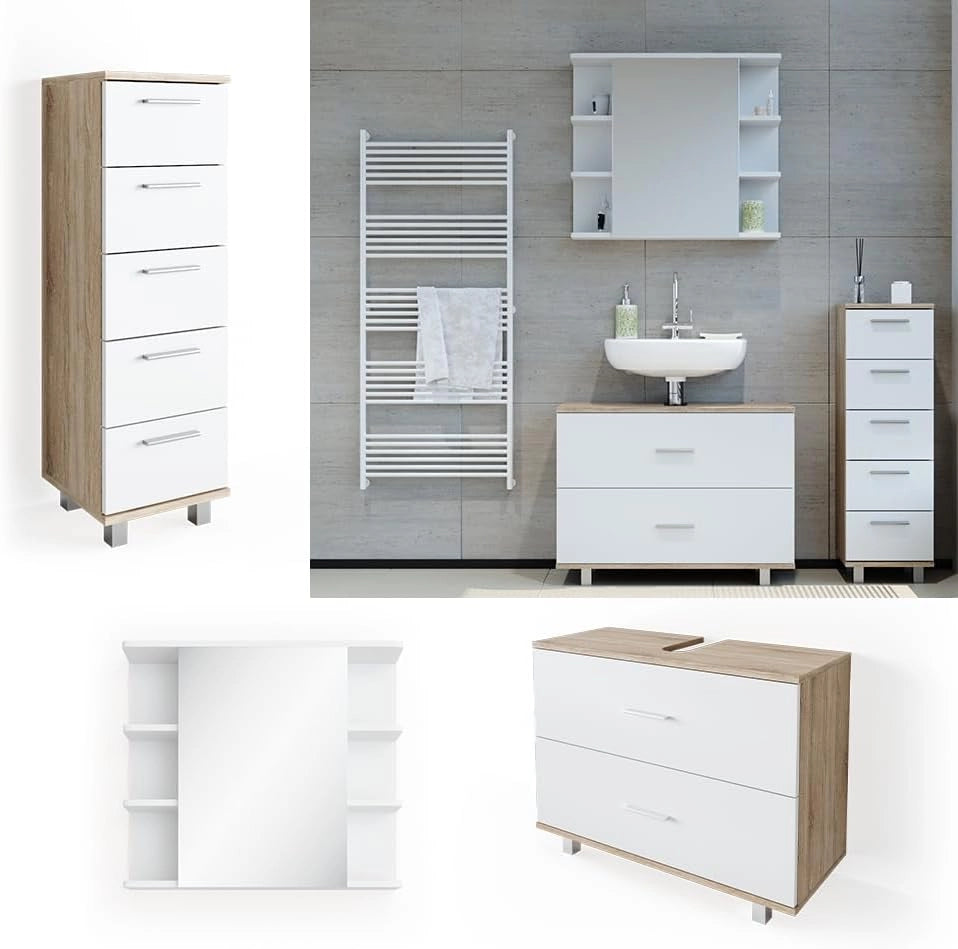 Set mobili bagno Ilias, Bianco/Sonoma, 80 cm, composto da mobile sottolavabo, specchiera e mobile medio