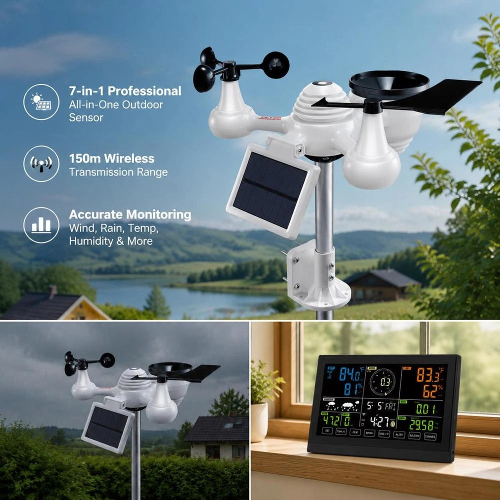 Professional 7-in-1 WiFi Weather Station, Solar-powered Weather Center, 190.5 Mm (7.5-inch) Display, 150 M Transmission Range, Outdoor Sensor For Wind Speed, Wind Direction, Temperature, Humidity, And Precipitation