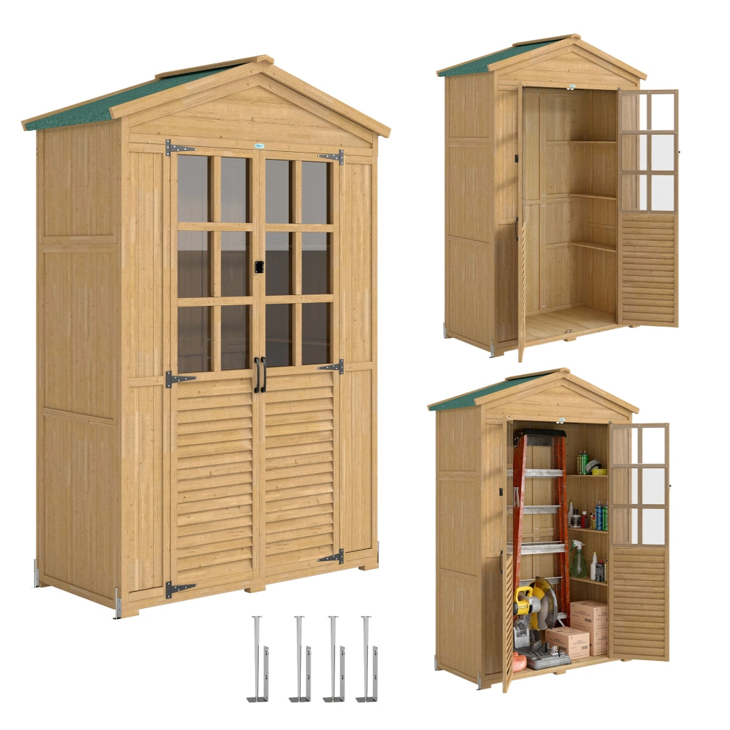 Armadio da Giardino in Legno con Finestre Trasparenti, 128x57.5x197 cm, Marrone Chiaro