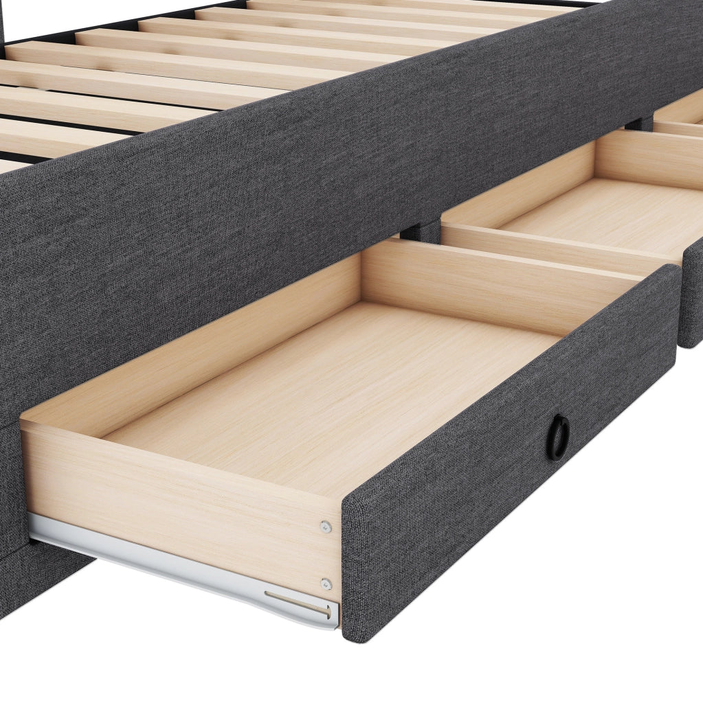 Letto imbottito 90x200 cm con letto estraibile; cassetti; legno; grigio (Senza materasso)