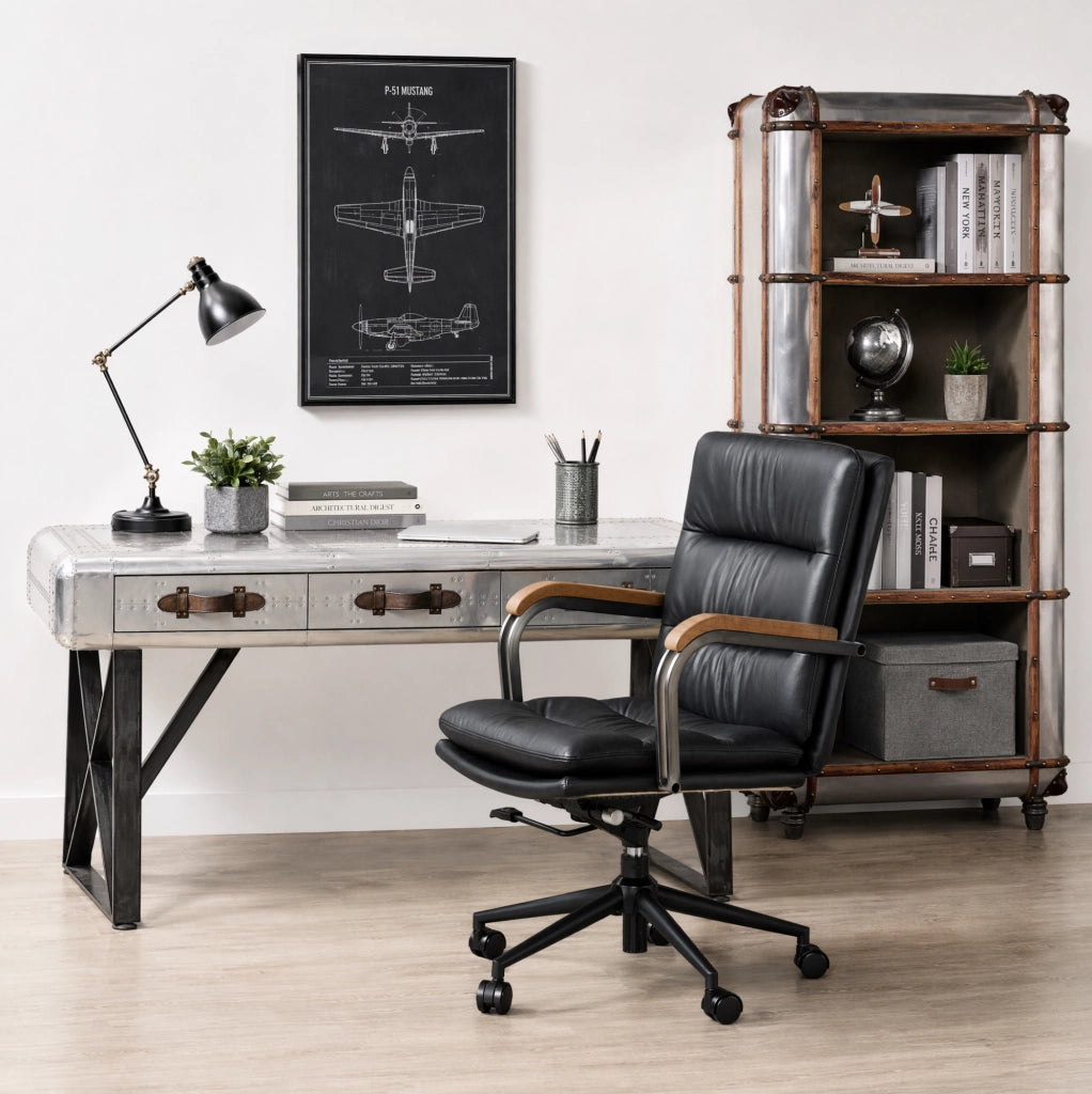 Sedia da ufficio girevole ergonomica regolabile in altezza; pelle e metallo; nera