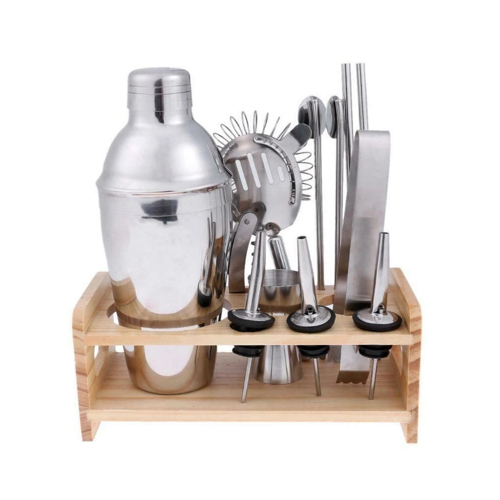 Trade Shop - Kit Per Cocktail Barman Bartender Shaker Mixer Acciaio 750ml Supporto In Legno -