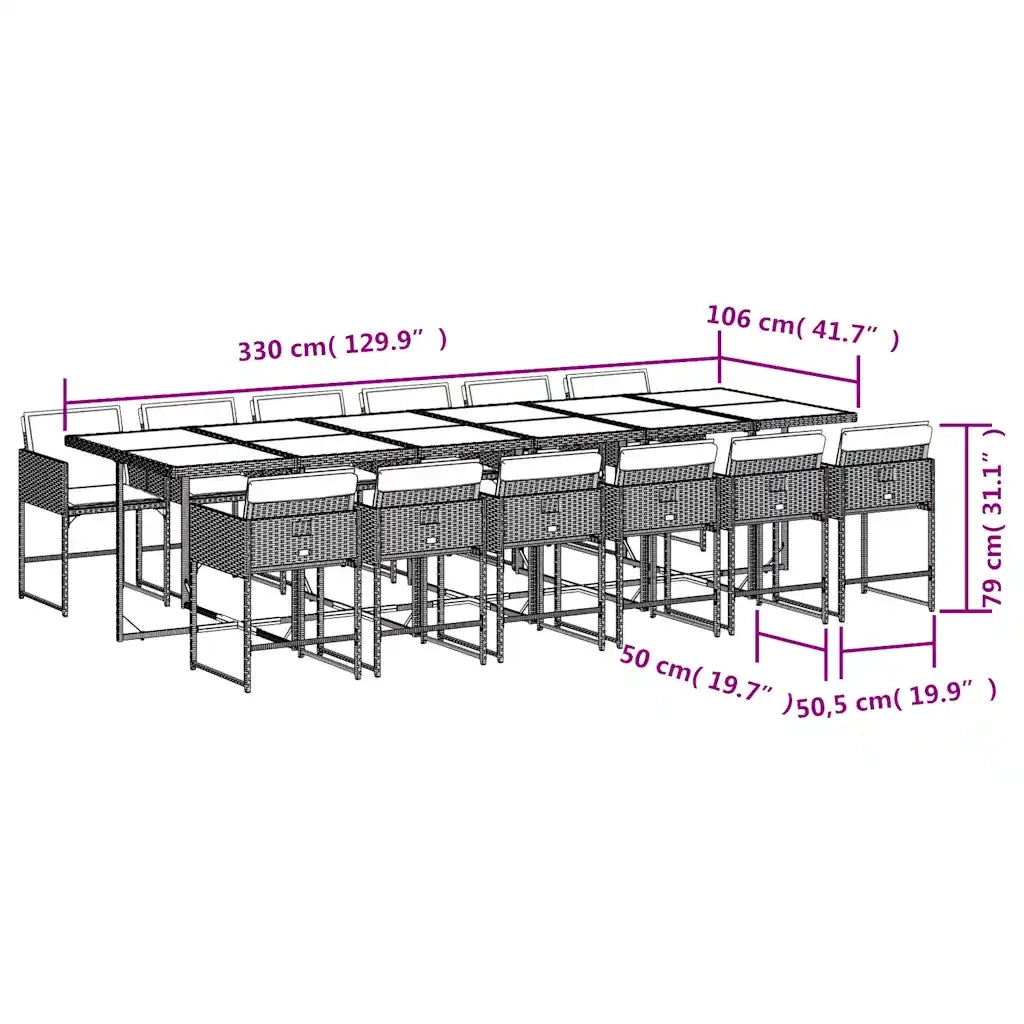 Set da Pranzo da Giardino 13pz con Cuscini Marrone Polyrattan