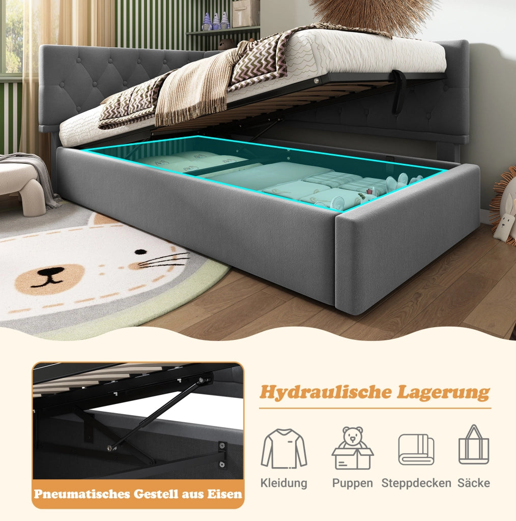 Letto singolo imbottito 90x190 cm in velluto grigio con contenitore