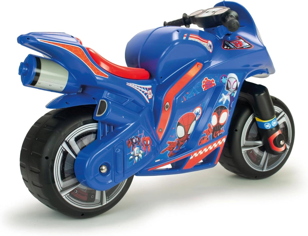 Moto Cavalcabile per Bambini 4-7 anni a Spinta Marvel Spidey 99x39x61 cm fino a 50 kg con Maniglia di Trasporto Blu