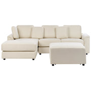 Divano stile moderno ad angolo con pouf in tessuto beige chiaro a destra