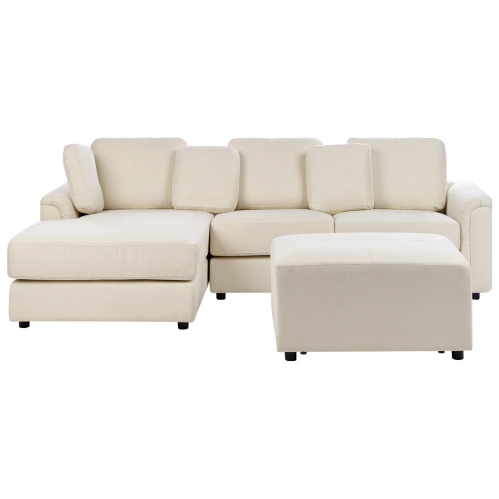 Divano stile moderno ad angolo con pouf in tessuto beige chiaro a destra