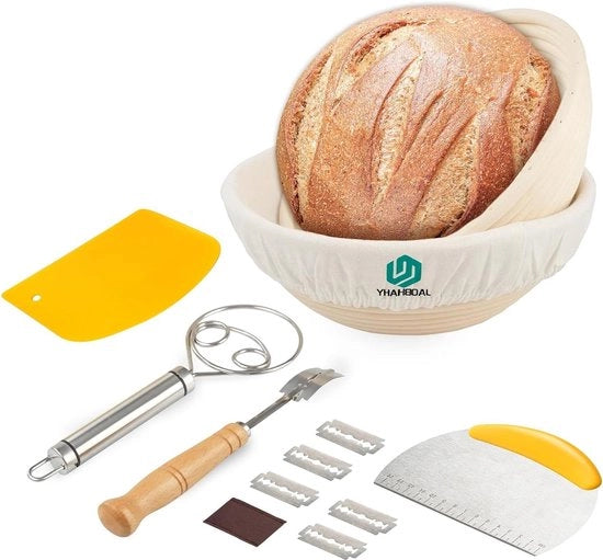 Impastatrice per Pane 2 Pezzi - 23cm Circolare - Con Rivestimento di Lino - Impastatrice per Pane - Taglia Pane - Scrape Metallico - Scrape Plastico Impastatrice