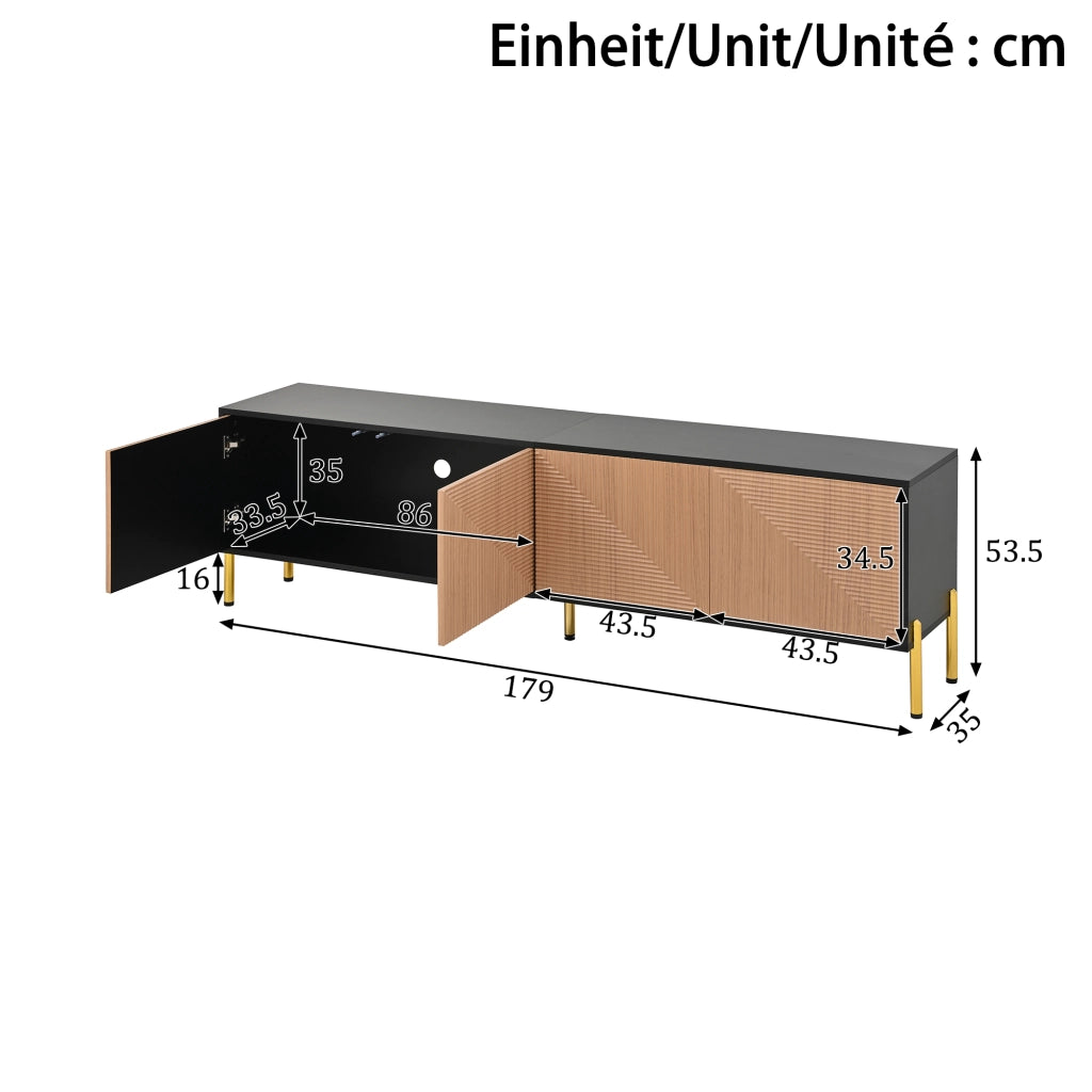 Mobile TV con 4 Ante senza Maniglie e Piedini in Metallo Dorato; Stile Moderno; 179??35??53;5 cm; Nero Naturale