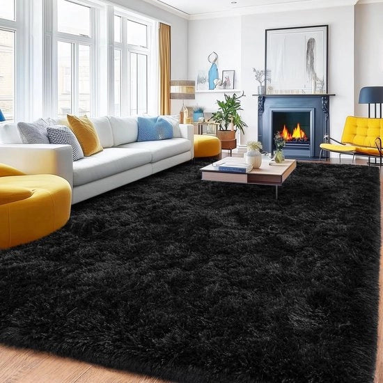 Tapijt Zwart 160x230, Tapijt Pluizig per Woonkamer con Antislip per Soggiorno e Camera da Letto