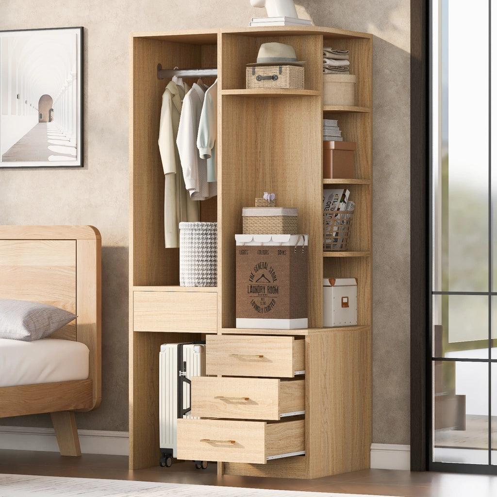 Armadio con ripiani aperti e scomparti chiusi 70 x 55 x 175 cm in MDF; colore legno