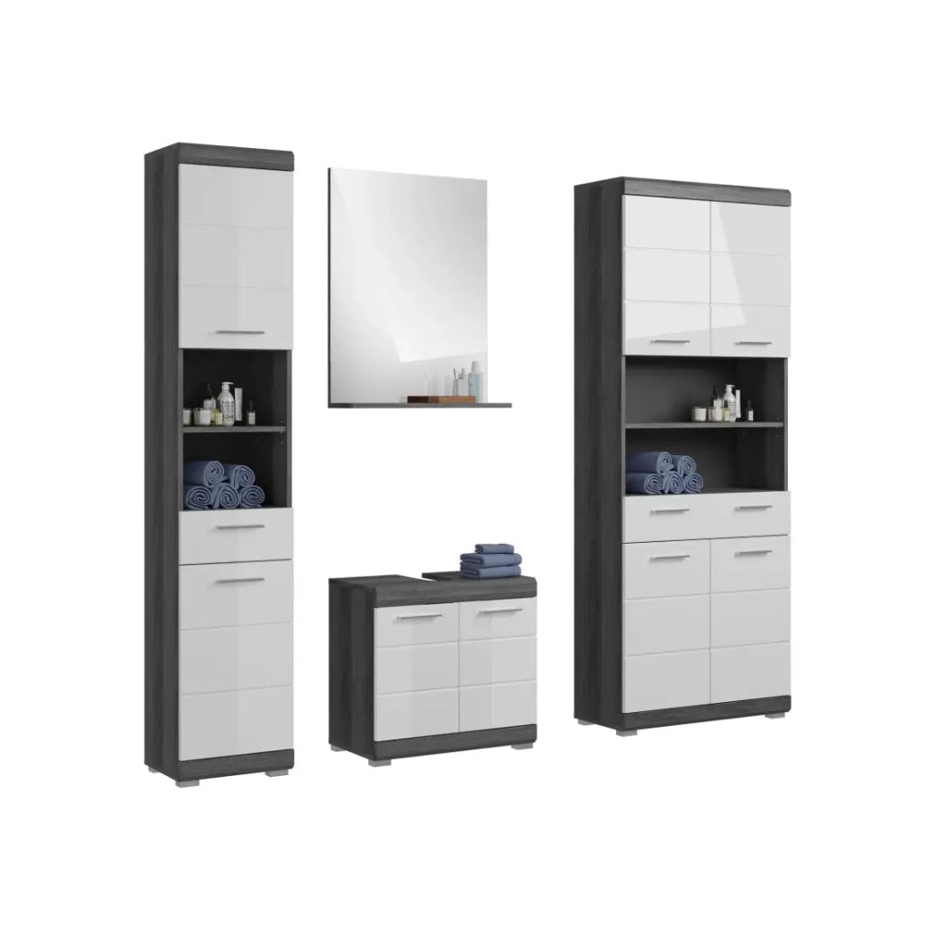 Set bagno SCOTT – Mobile sotto lavabo, colonna, specchio e mobile per lavatrice – Grigio scuro e bianco