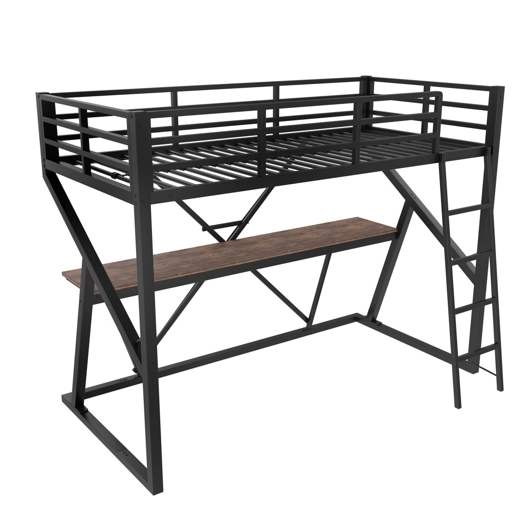 Letto a soppalco 90x200 cm con scrivania e LED; metallo; nero (Senza materasso)