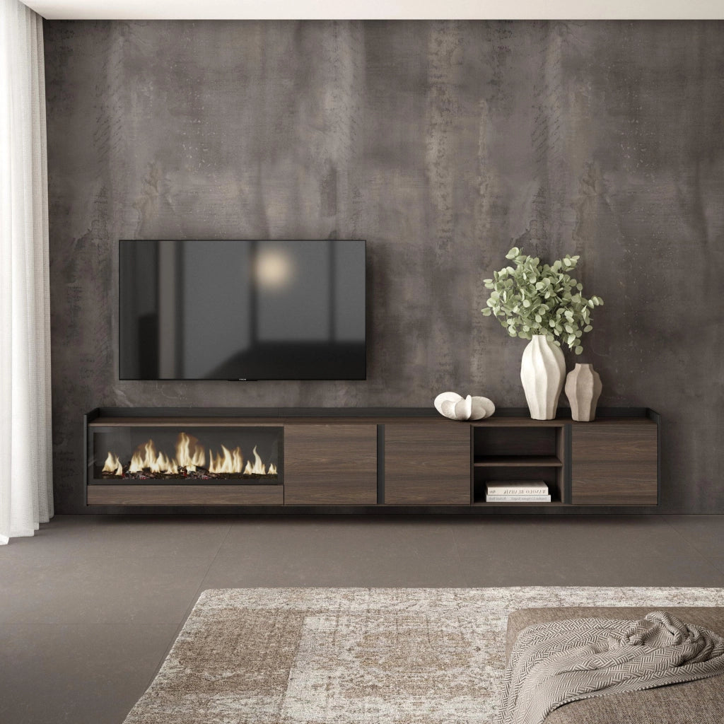 Mobile TV Soggiorno, 315x50x35 cm, Per TV fino a 80", Camino elettrico XXL, Sospeso, da appendere, Rovere scuro e Nero