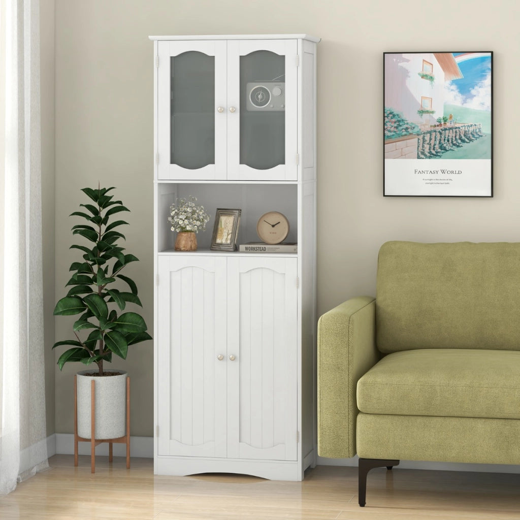 Armadio da bagno alto-Mobiletto da bagno 164cm con porte in vetro satinato e ripiani, Mobile autonomo per cucina soggiorno ufficio Bianco
