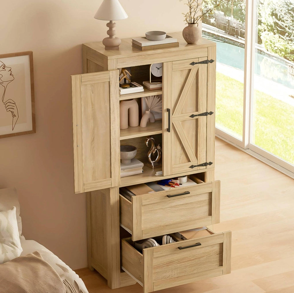 Mobile alto 60x30x128 cm con 2 cassetti e ripiani regolabili in MDF colore naturale