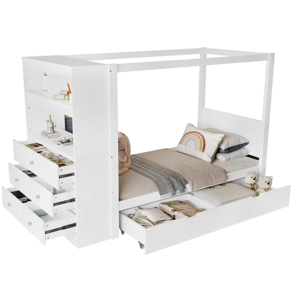 Letto Singolo Bambini con Sponde e Contenitore ¨C MINIMAL ¨C Pino e PB, Bianco/Naturale, 90x200