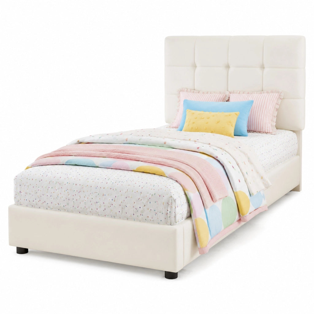 Polsterbett per bambini 90x200 cm con testiera a forma di biscotto; beige