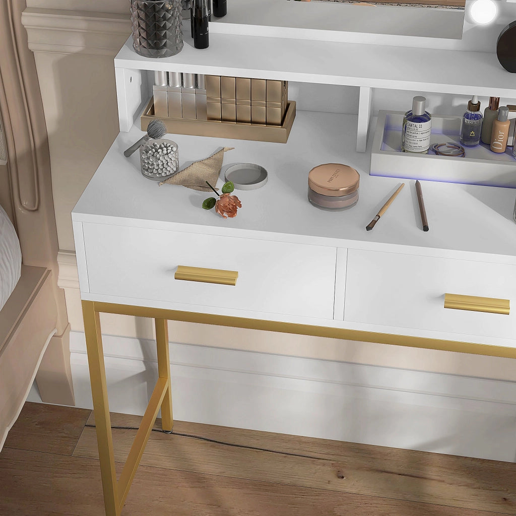 Mobile Toeletta con Specchio 2 Cassetti 5 Ripiani e Sgabello 80x40x138 cm in MDF e Truciolato Bianco