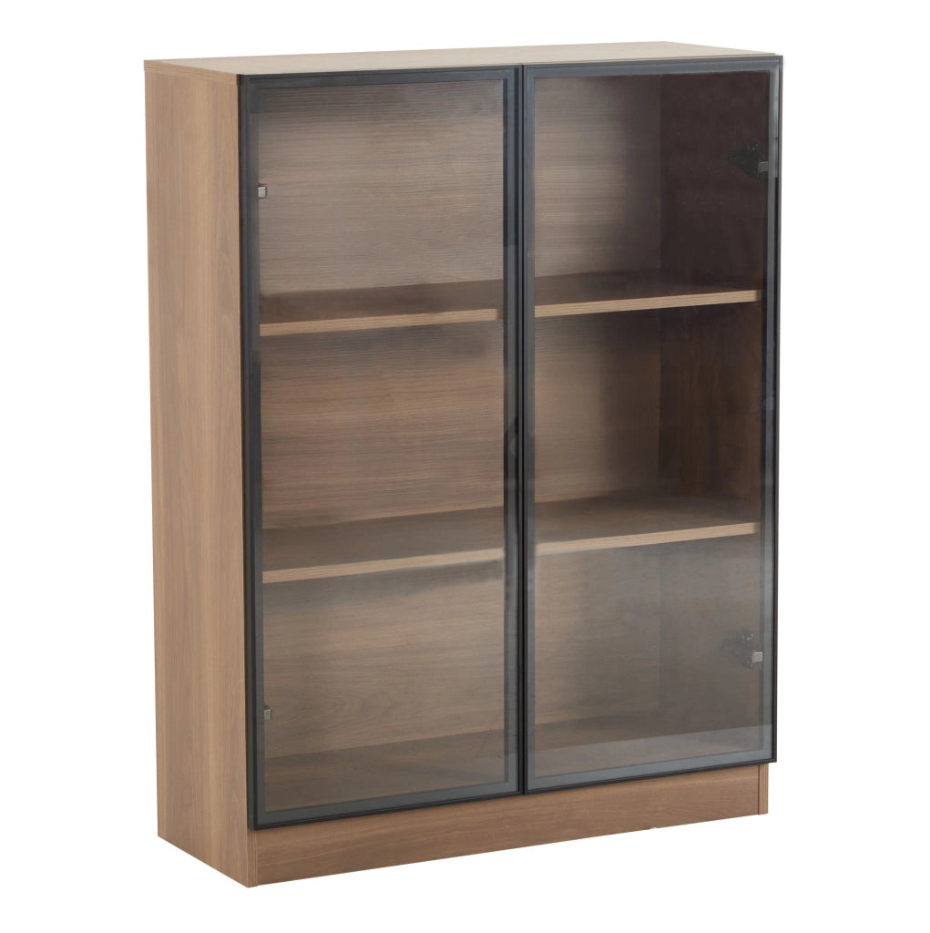 Vetrina in vetro con LED 80x30x106 cm; effetto noce naturale; con ante in alluminio