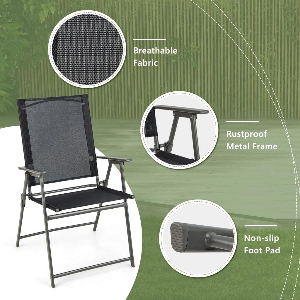 Set di 4 sedie da giardino pieghevoli, con schienale alto e bracciolo, in metallo e tessuto, portata fino a 150 kg (nero, 2)
