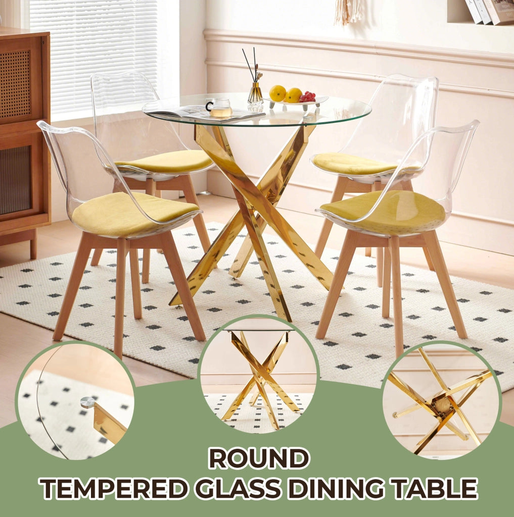 Tavolo da pranzo rotondo 80x80x75 cm in vetro e metallo; oro