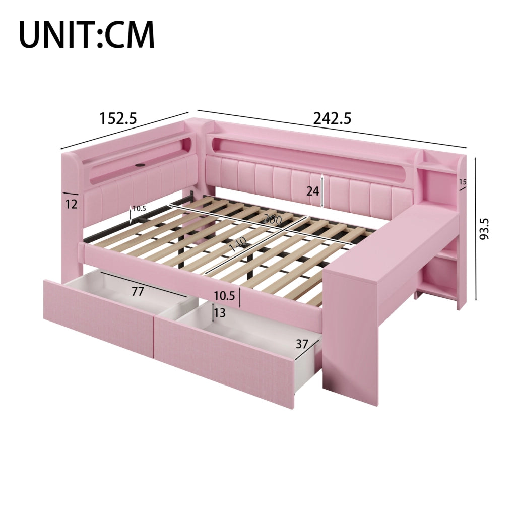 Daybed imbottito 140x200 cm con USB; LED; scrivania e 2 cassetti; rosa