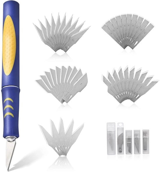 Set di scalpelli con 45 riserve - Coltelli con impugnatura antiscivolo - Lavorati con olio anticorrosione - Coltelli da taglio per pelle/papier - Coltelli per hobby - Taglio preciso