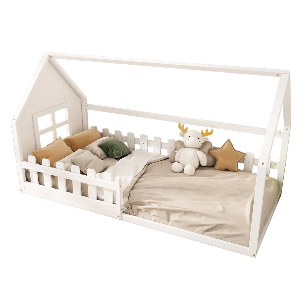 Letto a forma di casa bianco in pino con funzione contenitore 90x200 cm
