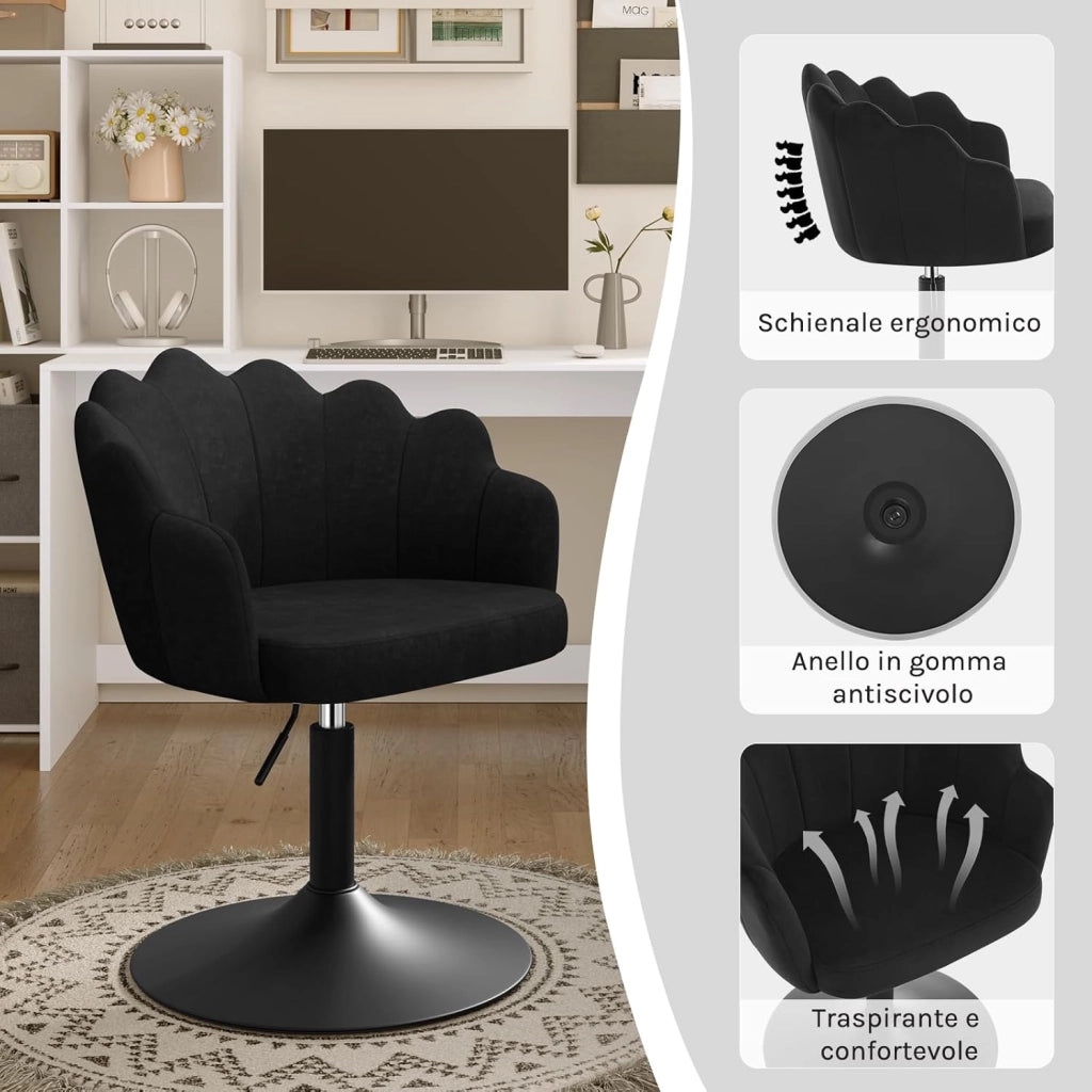 Sedia da Trucco, Poltrona Girevole in Velluto, Regolabile in Altezza per Camera da Letto, Soggiorno, Nero